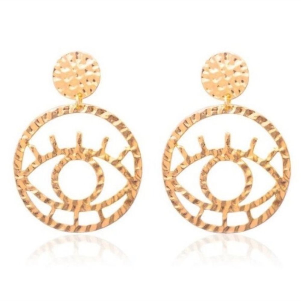 Gold Abstract Hammered Metal Evil Eye Earrings